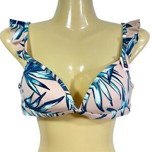 NWT VICTORIA’S SECRET PINK RUFFLE LIGHTLY LINED PALM PRINT BIKINI TOP SZ SMALL